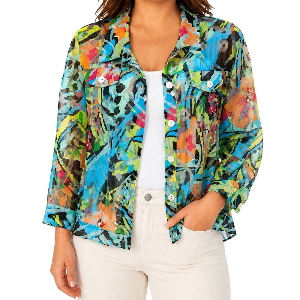 Linear Sz Large Wearable Art Unique Colorful Tropical Jacket Blouse Shirt Top